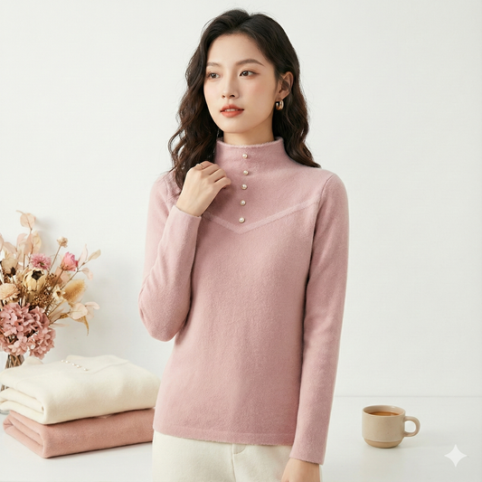 Elegant Pearl Button Mock Neck Sweater | Soft Knit Pullover Top