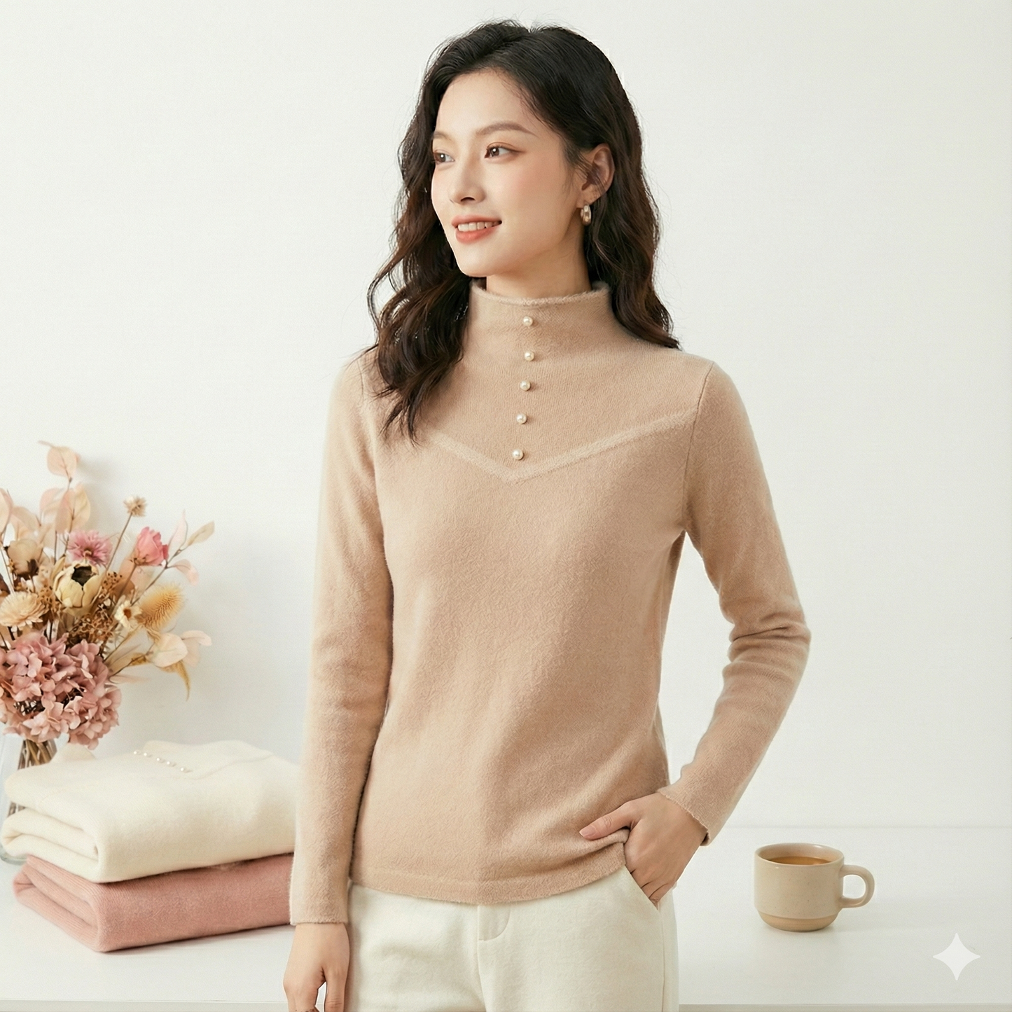 Elegant Pearl Button Mock Neck Sweater | Soft Knit Pullover Top