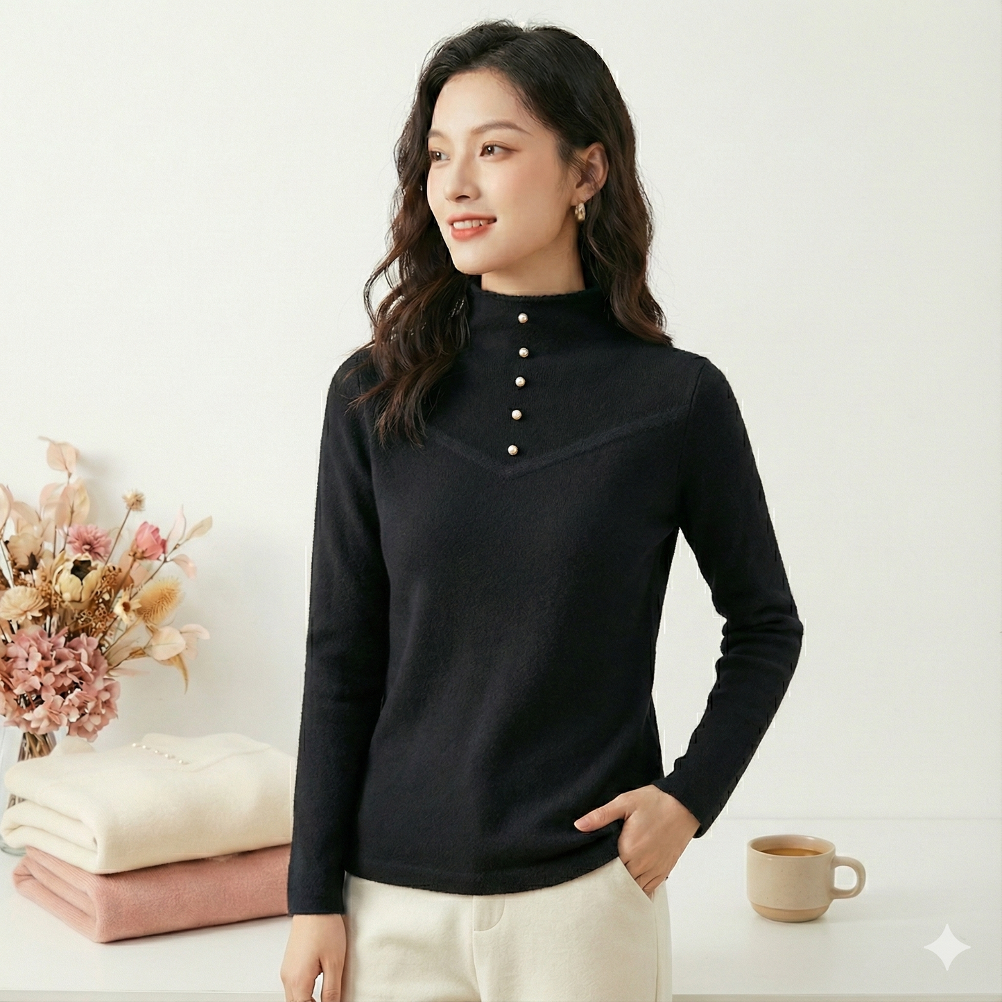 Elegant Pearl Button Mock Neck Sweater | Soft Knit Pullover Top