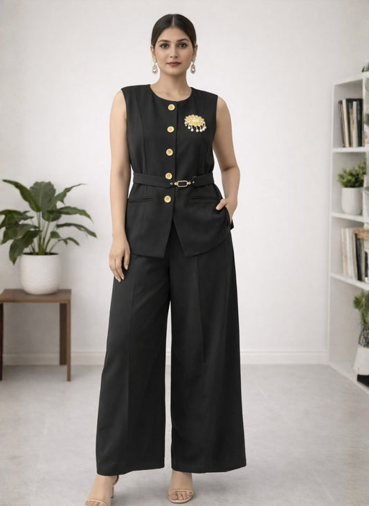Imported Gold-Button Sleeveless Vest & Wide-Leg Pants Co-ord Set