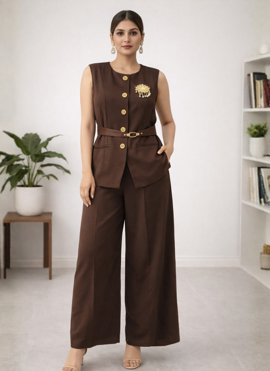 Imported Gold-Button Sleeveless Vest & Wide-Leg Pants Co-ord Set