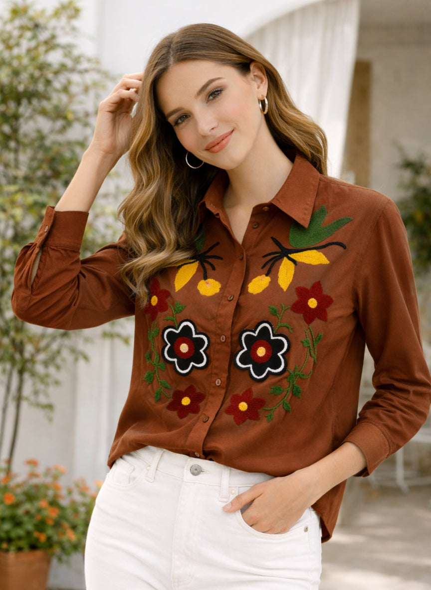 Imported Knitted Cotton Floral Embroidered Shirt | Artistic Button-Down Top