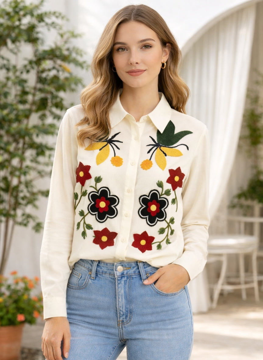 Imported Knitted Cotton Floral Embroidered Shirt | Artistic Button-Down Top