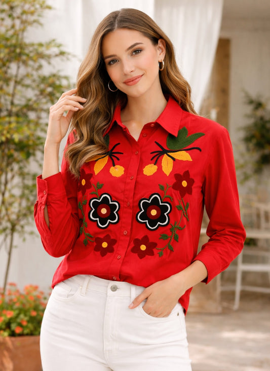 Imported Knitted Cotton Floral Embroidered Shirt | Artistic Button-Down Top