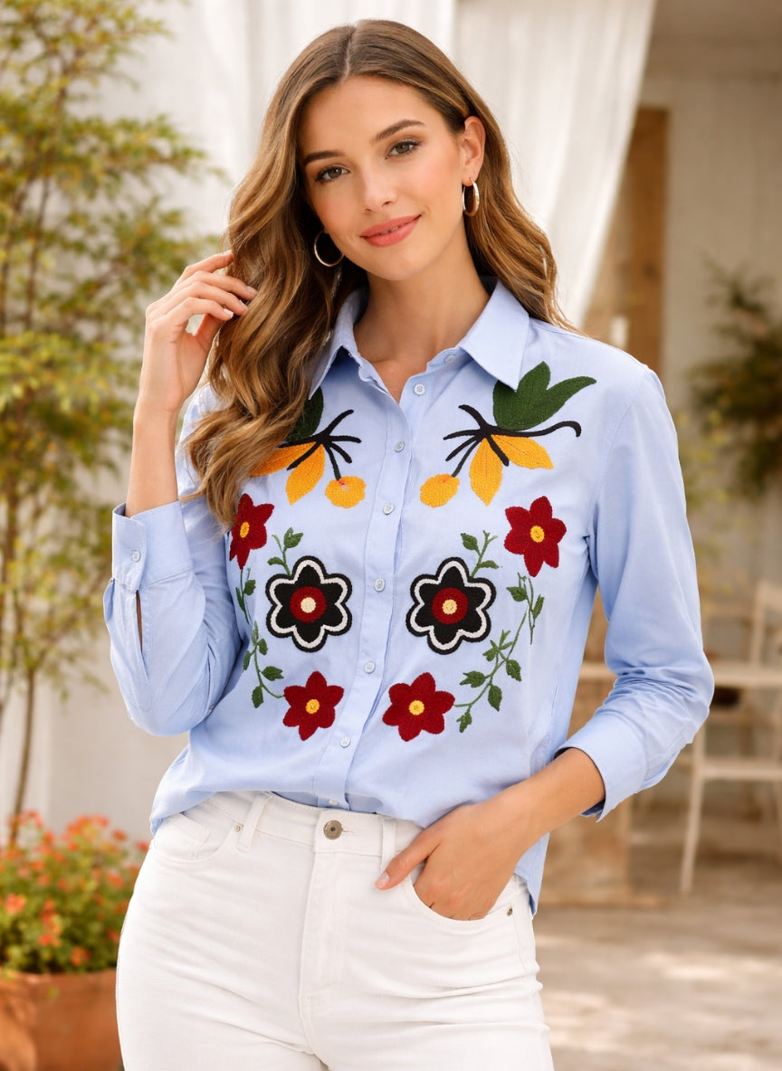 Imported Knitted Cotton Floral Embroidered Shirt | Artistic Button-Down Top