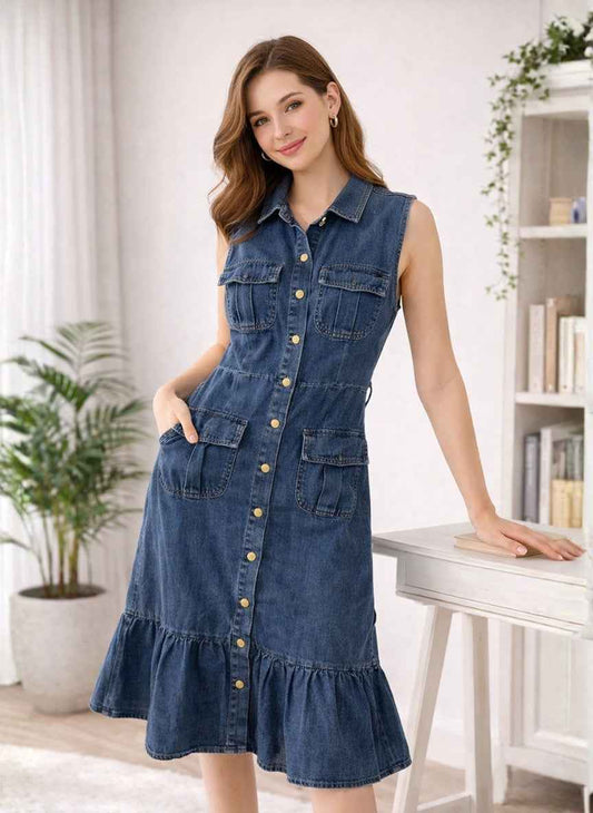 Imported Sleeveless Button-Down Denim Midi Dress | Ruffle Hem
