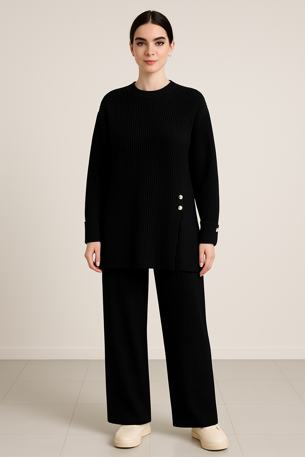 Imported Ribbed Knit Co-ord Set | Tunic & Wide-Leg Pants Lounge Set