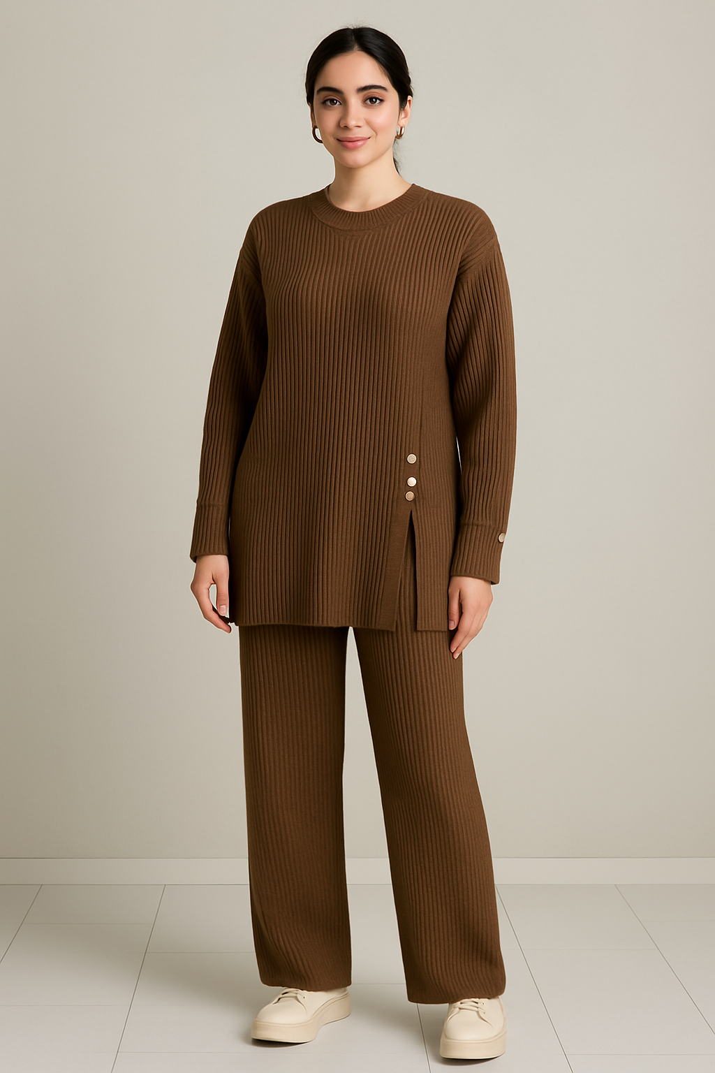 Imported Ribbed Knit Co-ord Set | Tunic & Wide-Leg Pants Lounge Set