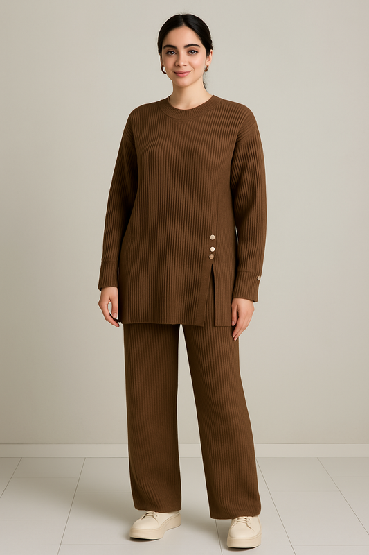 Imported Ribbed Knit Co-ord Set | Tunic & Wide-Leg Pants Lounge Set