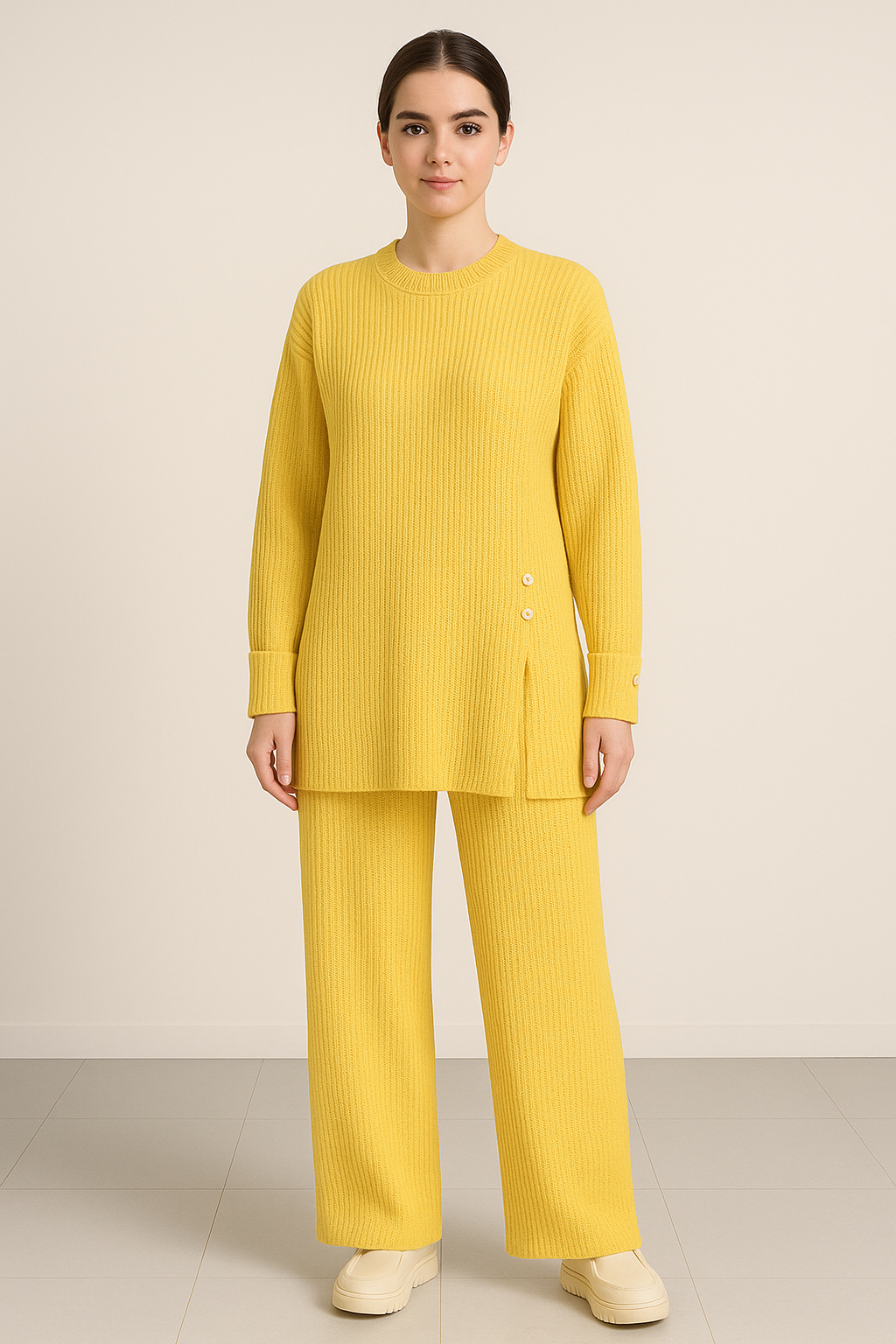 Imported Ribbed Knit Co-ord Set | Tunic & Wide-Leg Pants Lounge Set