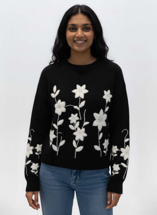 Korean-Style Floral Embroidery Sweater | Soft Knit Pullover