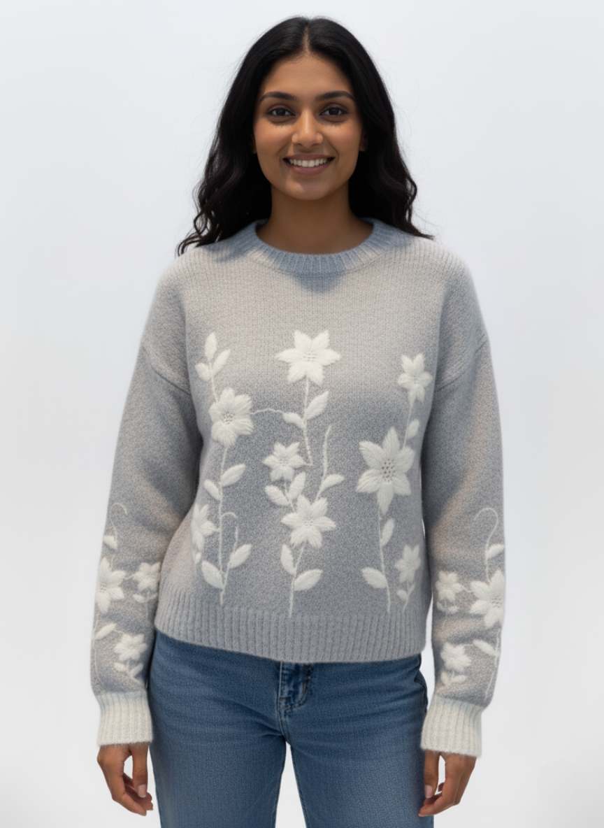 Korean-Style Floral Embroidery Sweater | Soft Knit Pullover