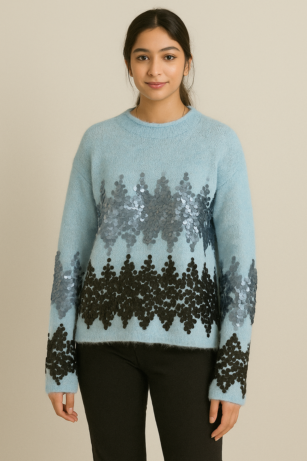Sequin Embellished Korean-Style Sweater | Fuzzy Knit Pullover