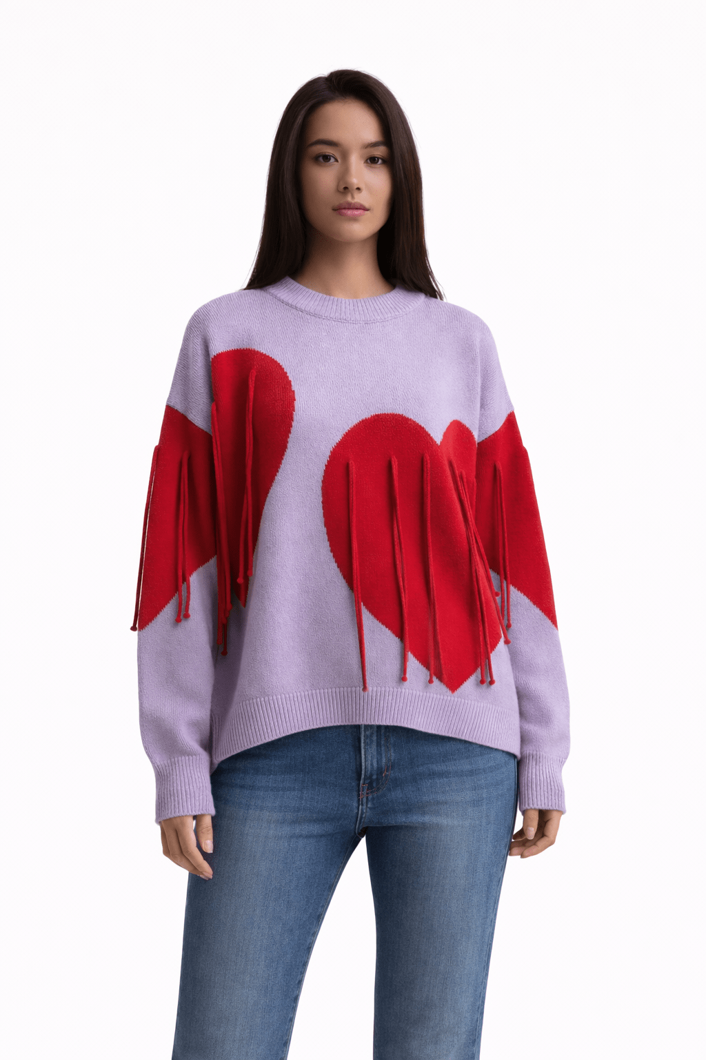 Women's Heart Design Fringe Sweater | Oversized Woolen Knit Pullover