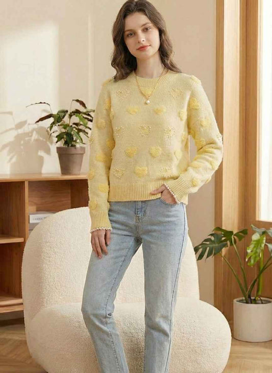Pearl Embellished Heart Sweater | Textured Knit Pullover