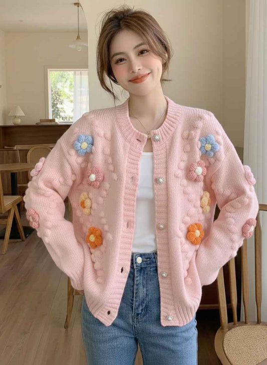Women's 3D Floral Woolen Cardigan | Cute Knitted Sweater Jacke
