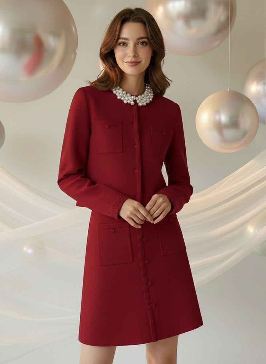 Elegant Pearl Collar Skirt Co-ord Set | Button-Down Jacket & Skirt