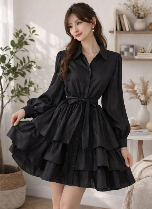 Imported Tiered Ruffle Shirt Dress