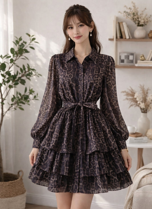 Imported Tiered Ruffle Shirt Dress Printed