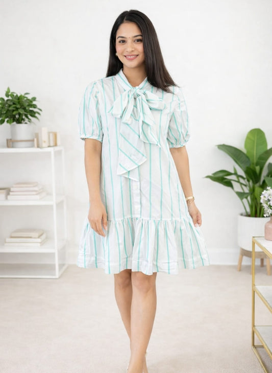 Fresh Mint Striped Tie-Neck Cotton Dress | Puff Sleeve Ruffle Mini