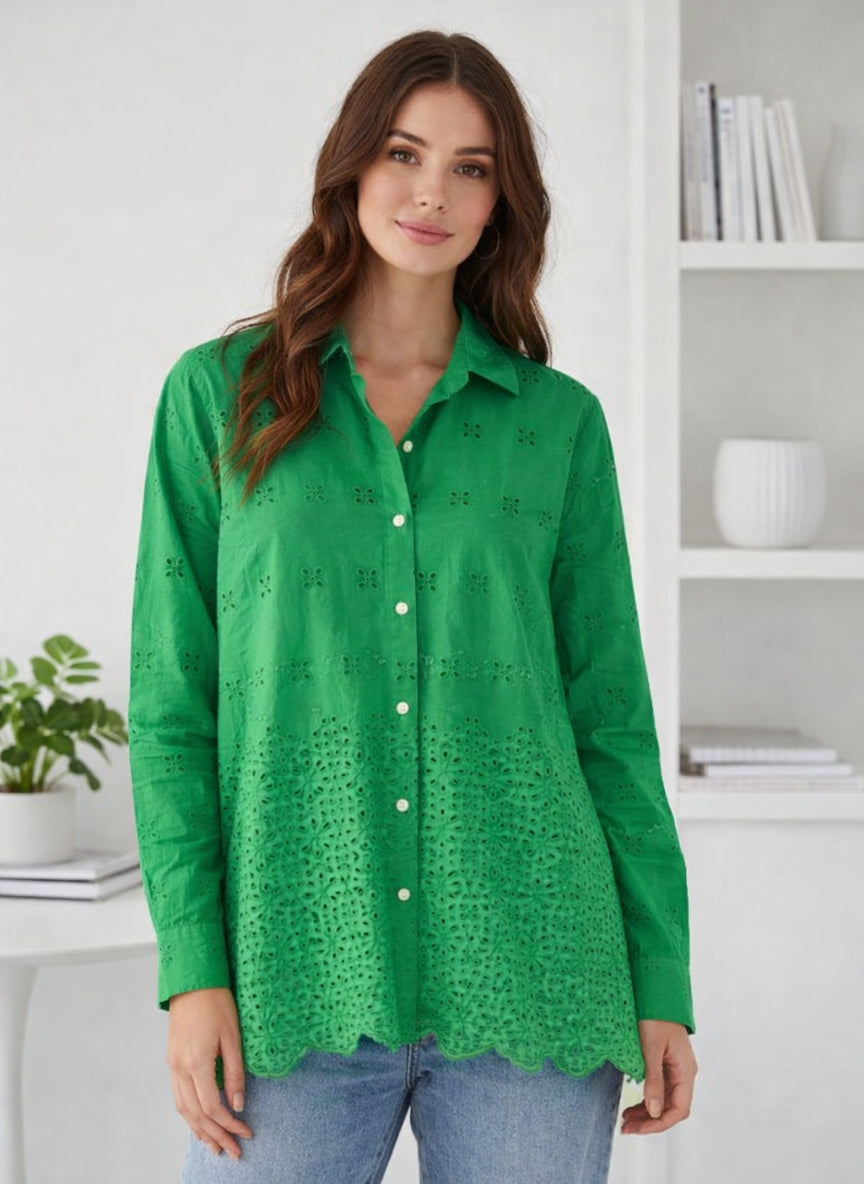 Vibrant Floral Cutwork Embroidery Shirt | Scalloped Hem Button-Down