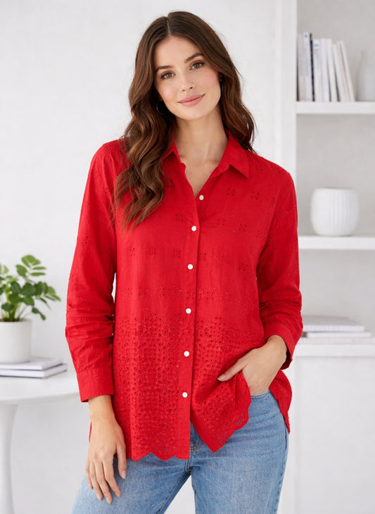 Vibrant Floral Cutwork Embroidery Shirt | Scalloped Hem Button-Down