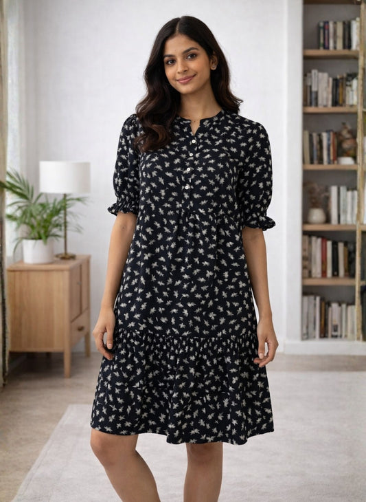 Romantic Floral Puff-Sleeve Cotton Midi Dress | Tiered Ruffle Hem