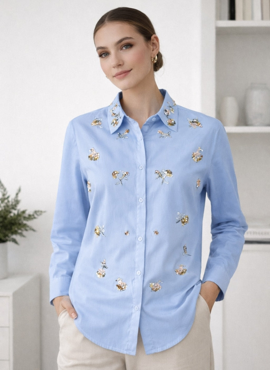 Luxury Sequin Floral Embroidered Korean Shirt | Imported Button-Down