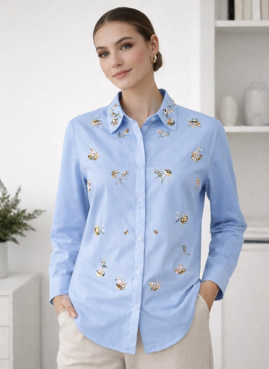 Luxury Sequin Floral Embroidered Korean Shirt | Imported Button-Down