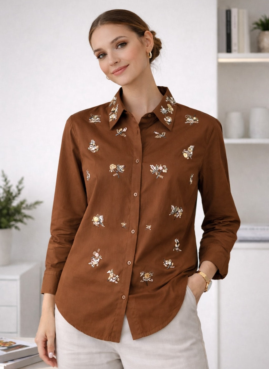 Luxury Sequin Floral Embroidered Korean Shirt | Imported Button-Down