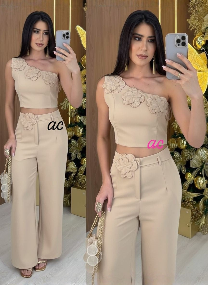 Imported One-Shoulder 3D Flower Co-ord Set | Crop Top & Wide-Leg Pants