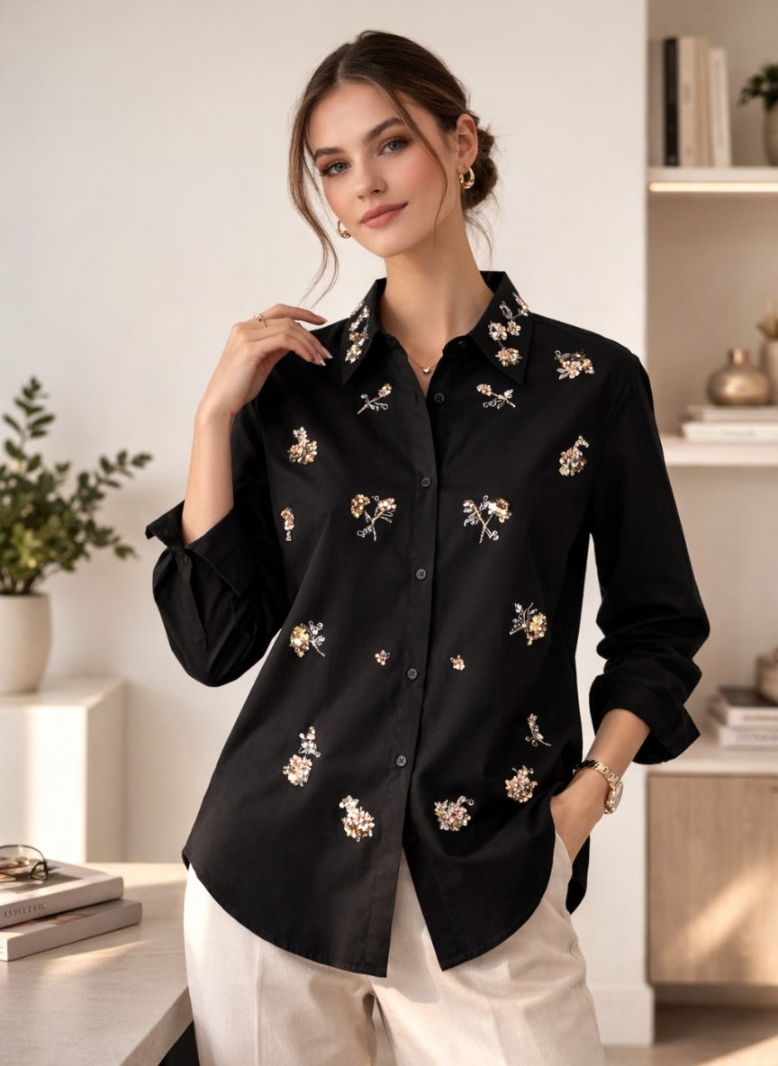 Luxury Sequin Floral Embroidered Korean Shirt | Imported Button-Down