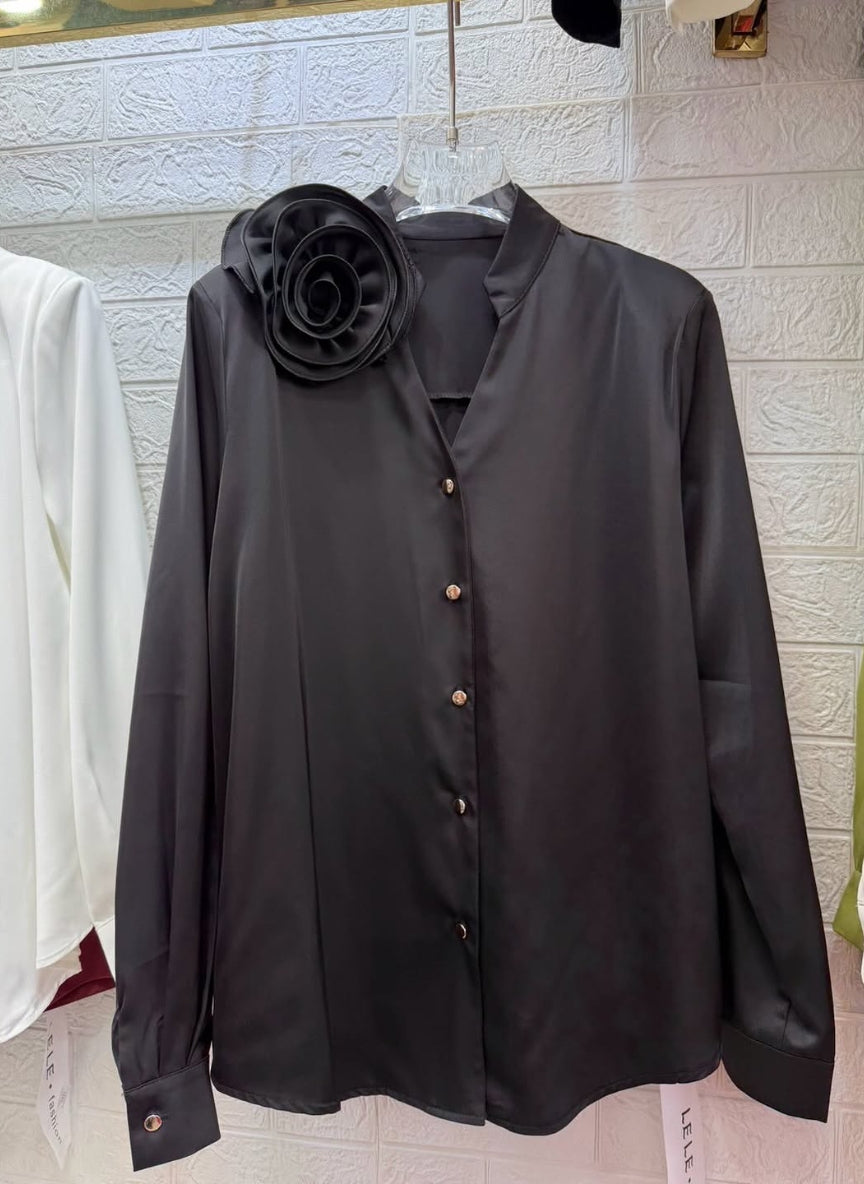 Luxury Satin V-Neck Shirt with Statement 3D Floral Applique