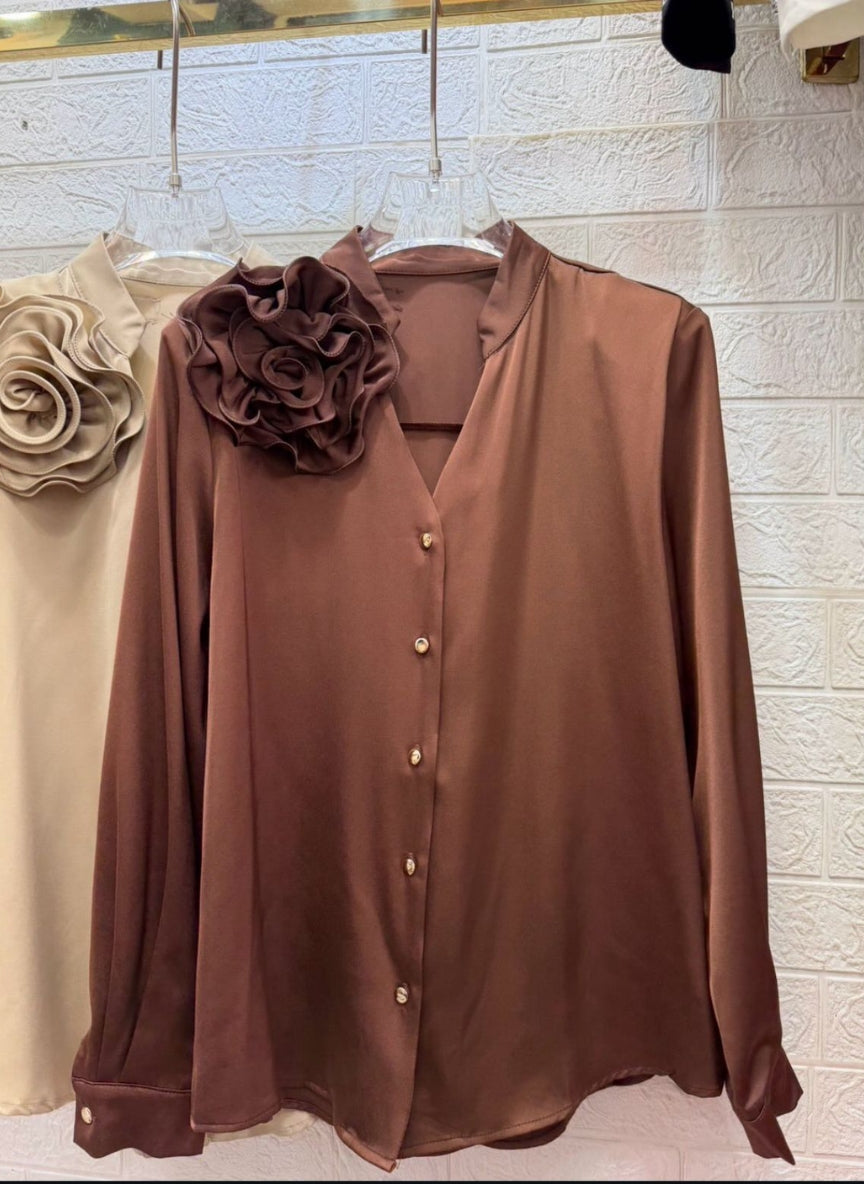 Luxury Satin V-Neck Shirt with Statement 3D Floral Applique