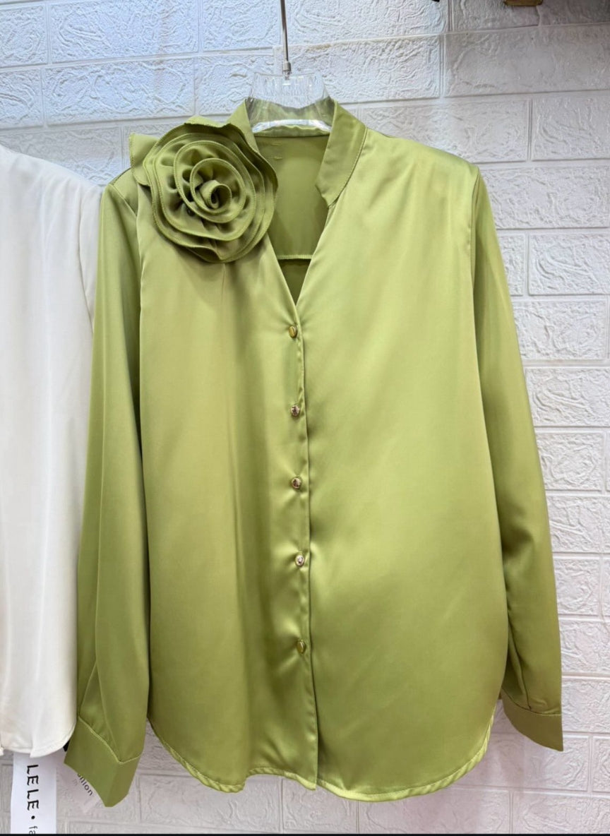 Luxury Satin V-Neck Shirt with Statement 3D Floral Applique