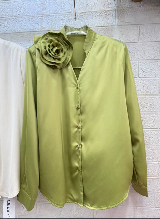Luxury Satin V-Neck Shirt with Statement 3D Floral Applique