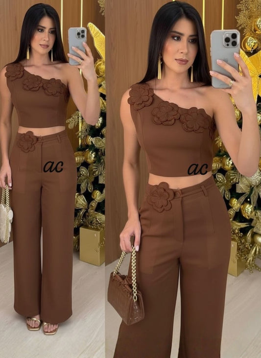 Imported One-Shoulder 3D Flower Co-ord Set | Crop Top & Wide-Leg Pants