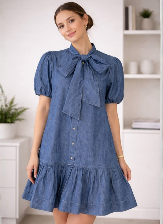 Sweetheart Tie-Neck Denim Mini Dress | Puff Sleeves & Ruffle Hem