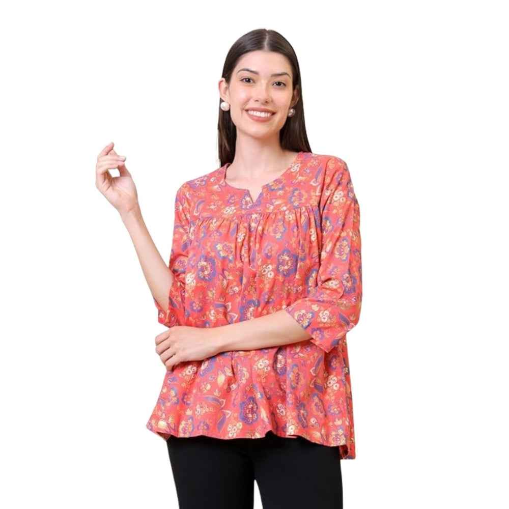 Women Floral print cotton Flared Kurta (Pink)