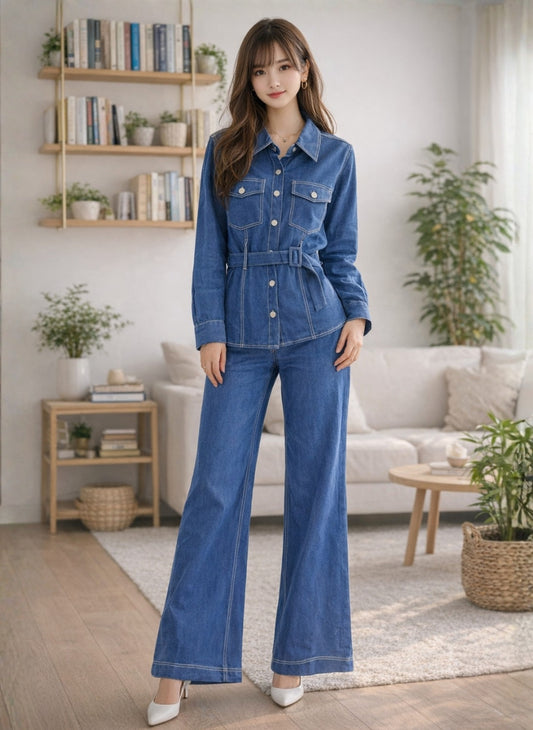 Soft Denim Belted Shirt & Wide-Leg Pants Co-ord Set | Contrast Stitching