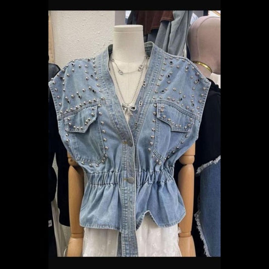 Studded Elegance Denim Vest