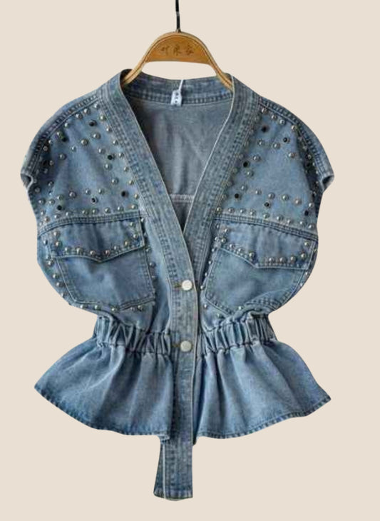 Studded Elegance Denim Vest
