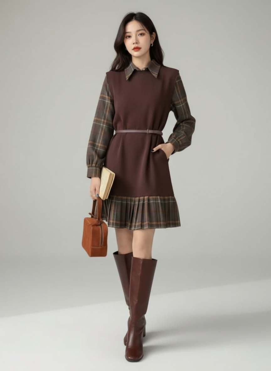 Women's 2-Piece Plaid Shirt Dress & Knit Vest Set