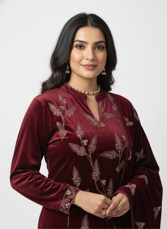 Premium Maroon Embroidered Velvet Kurta Set with Dupatta