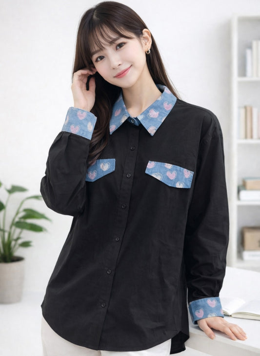 Playful Heart Detail Contrast Collar Shirt | Imported Button-Down