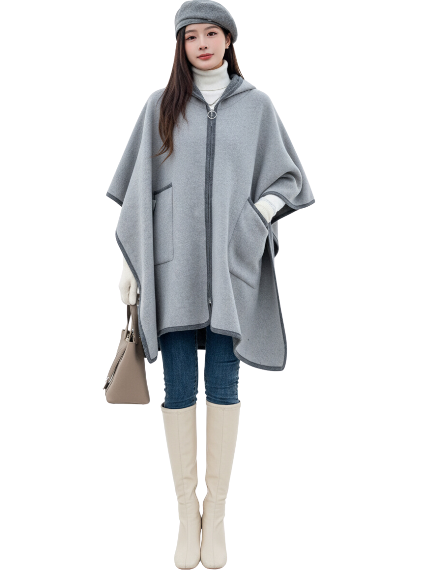 Women's Hooded Zip-Front Cashmere style Cape with Pockets