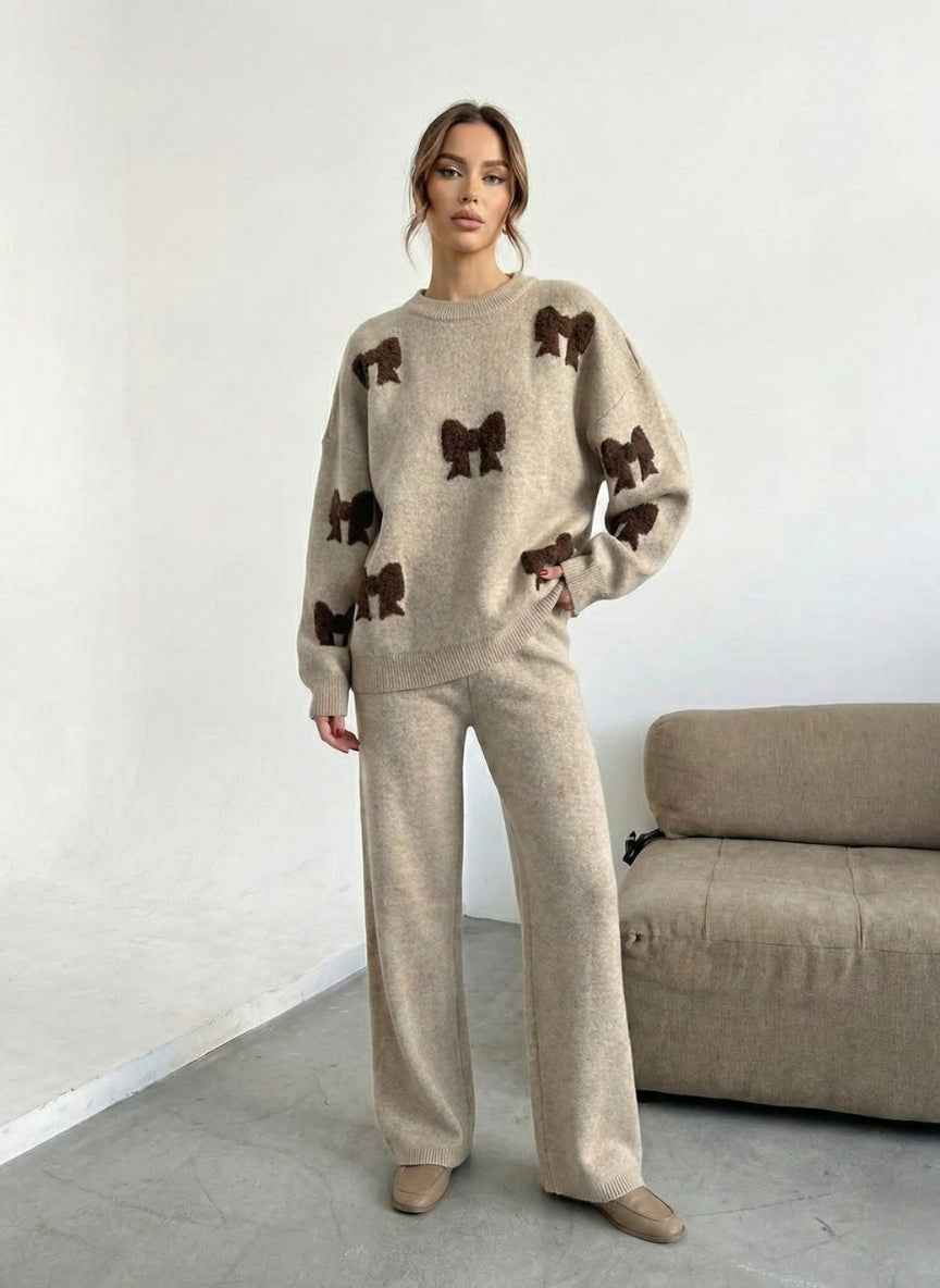 Trendy Bow Pattern Co-ord Set | Textured Sweater & Wide-Leg Pants
