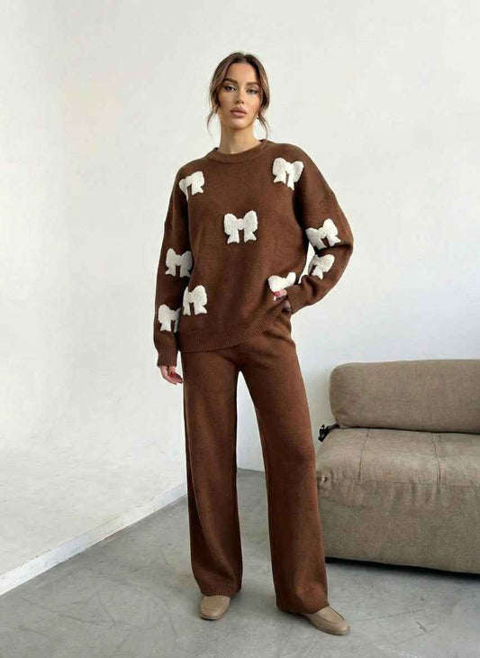 Trendy Bow Pattern Co-ord Set | Textured Sweater & Wide-Leg Pants