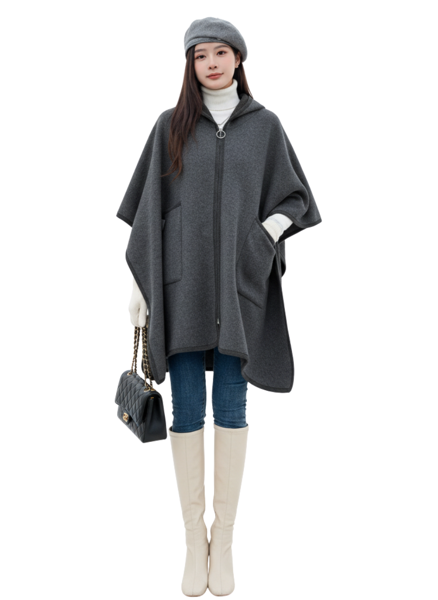 Women's Hooded Zip-Front Cashmere style Cape with Pockets