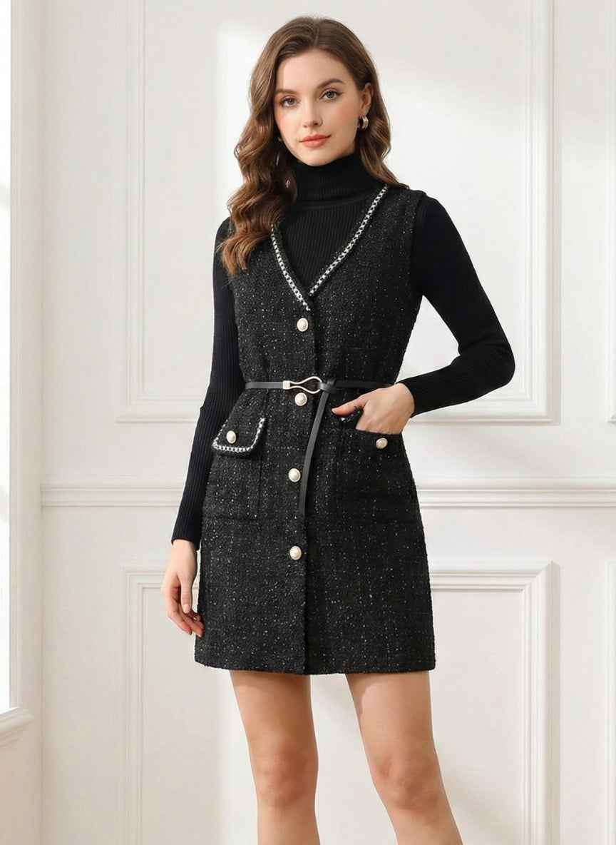 Elegant Tweed Vest Dress Set | 2-Piece with Inner Top & Belt